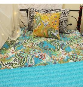 Turquoise Paisley Kantha Quilt