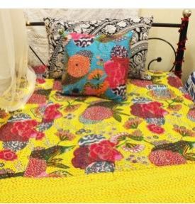 Yellow Floral Kantha Quilt