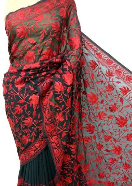 Black Red Floral Embroidered Georgette Sari, Size : 6.5 mt (1 mt blouse, 5.5 mt saree) Approx