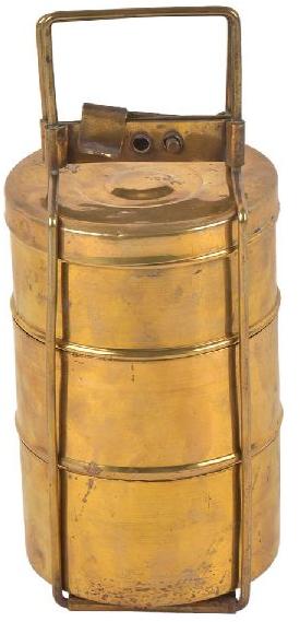 Brass Three compartment Lunch Box, Color : Golden