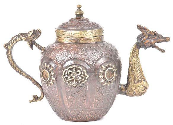 Copper and Brass Tea Pot With Fine Engraving