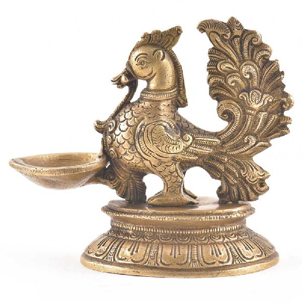 Elegant Brass Diya With Peacock Figurine, Color : Golden