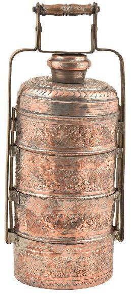 Hand Engraved Copper Four Compartments Tiffin Box