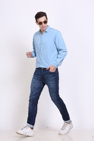 Turn-down Collar Plain Mens Blue Denim Shirt, Size : XL, XXL