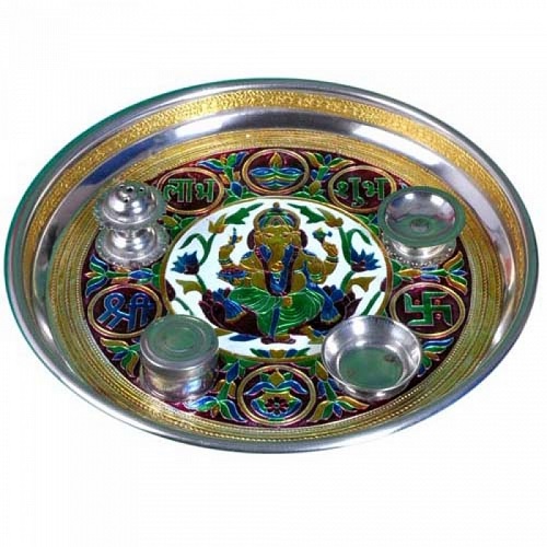 Ganesh Design Meenakari Steel Pooja Dish, Feature : Fine Finished, Heat Resistant, Light Weight, Long Life
