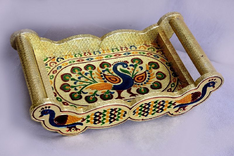 Peacock Design Golden Meenakari Tray, for Decorative, Home Decor, Size : 50x50x20cm