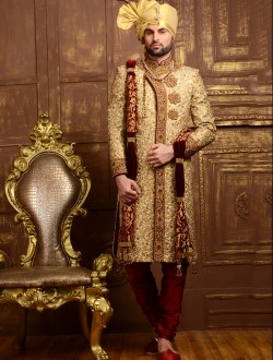 Beige Jacquard Silk Wedding Wear Heavy Embroidery Work Sherwani