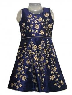 Navy Blue Silk Party Wear Embroidery Work Kids Gown