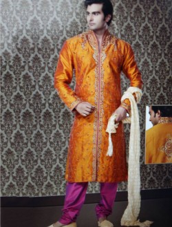 Oraneg Art Silk Festival Wear Embroidered Work Sherwani
