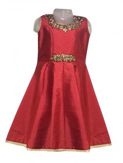 Red Silk Party Wear Embroidery Work Kids Gown