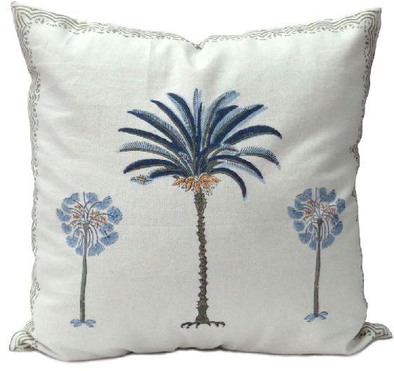 palm tree blue Hand Block Printed Cotton Duck Fabric Cushion Cover