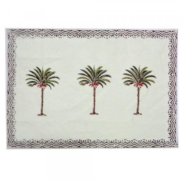 Three Palm Green Border Tablemat Hand Block Printed on Cotton Canvas