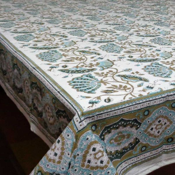 Waterlily Jade Olive Hand Block Printed Tablecloth