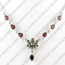 Sterling Silver Garnet AND Peridot Necklace, Color : Red, Green