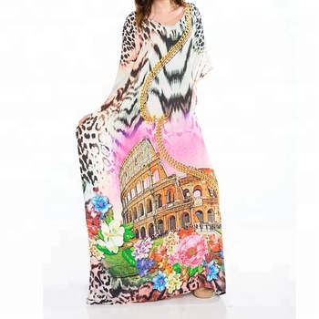 Women Multi-Color Satin Silk Digital Printed Stylish beach Kaftan
