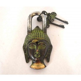 Antique Style Buddha Lock Padlock Brass Lord Type Key Black Made Aum Mantra
