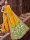 Indian Women Yellow And Green Color Satin Jacquard Full Saree