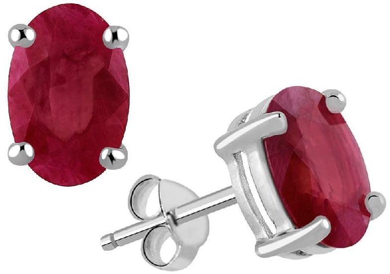 Oval Shaped Genuine Ruby Silver Stud Earrings