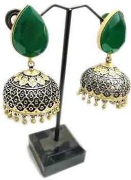 Ladies Jhumki with Dual Tone Polish, Color : Green Silver