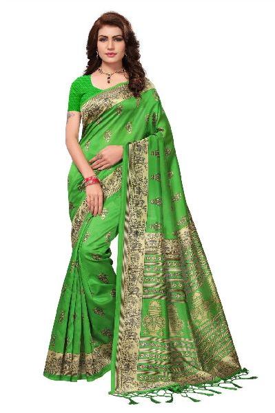 Printed Green Silk Saree, Technics : Woven