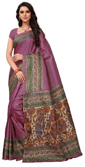 Printed Purple Silk Saree, Technics : Woven