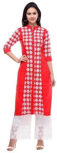 Embroidered Cotton Fabric Red & White Kurti, Occasion : Party Wear