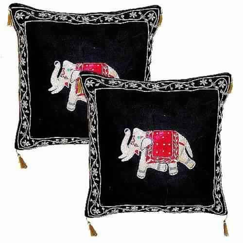 Charming Black Elephant Zardosi Velvet Cushion cover