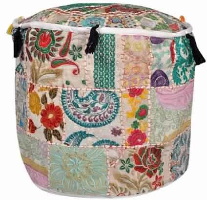 VINTAGE EMBROIDERED DESIGN COTTON PATCHWORK POUF OTTOMAN COVER