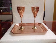 COPPER EMBOSSED  GOBLET SET OF 2 WITH TRAY