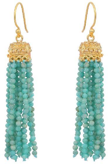 Amazonite beaded tassel gold plated earring