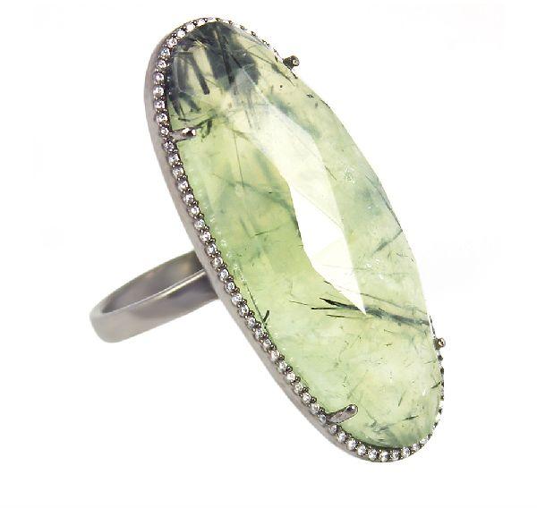 Prehnite oval silver cocktail ring, Color : GREEN