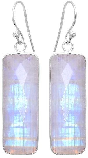 Rainbow moonstone rectangle silver bezel earring