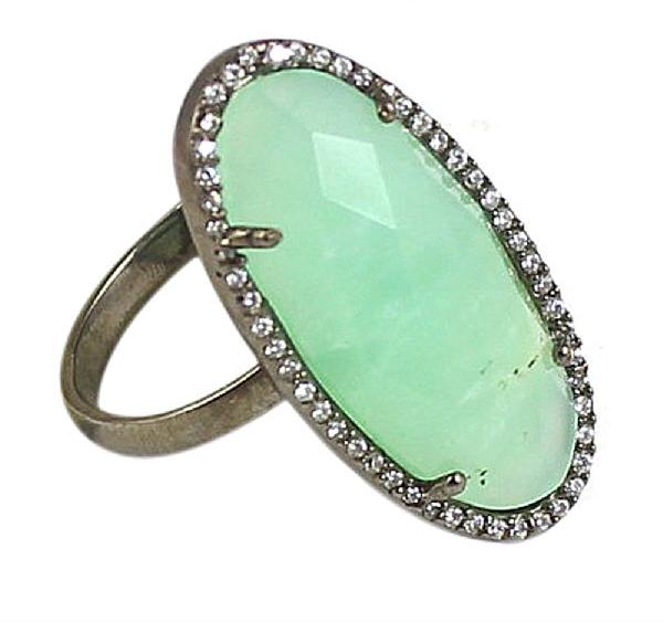 Silver Beaded Chrysoprase oval silver pave set ring