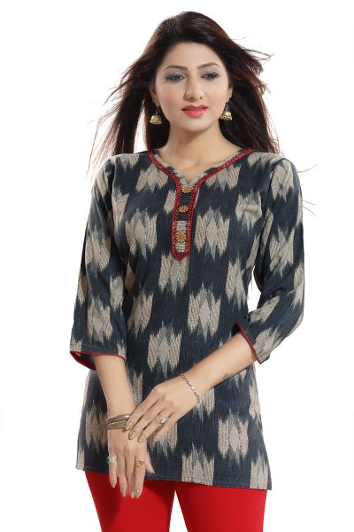 Beautiful Rayon Navy Blue Ikkat Print Short Kurti