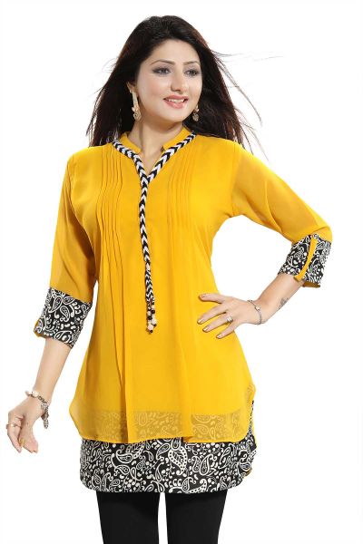 Beautilicious Yellow Fine Georgette Party Wear Layered Short Tunic