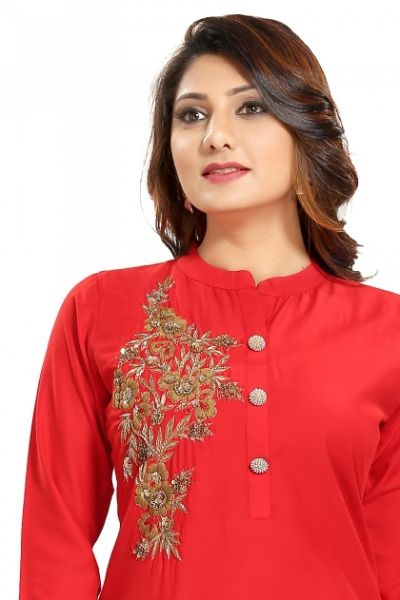 Dazzling Red Designer Tunic With Gold Beadwork For Special Occasions