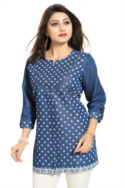 Denim Dream Short Tunic With Small White Motifs