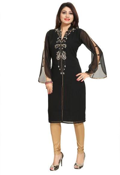 Designer Black Beauty Georgette Long Tunic With Stylish Sleeves