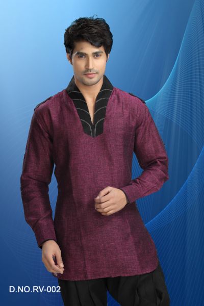 MAGENTA COLOR LINEN FABRIC SHORT KURTA FOR MEN