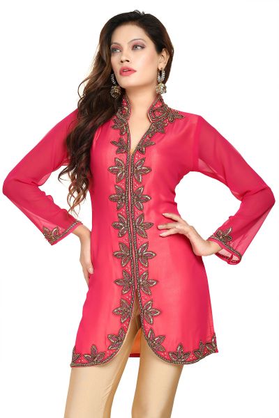 Pristine Beauty Pink Fine Georgette Short Tunic With Heavy Gold Bead Work