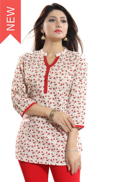 Right Choice Red And Cream Cotton Printed Short Tunic Top