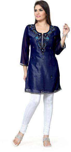 Stylista Navy Blue Georgette Short Tunic With Embroidery