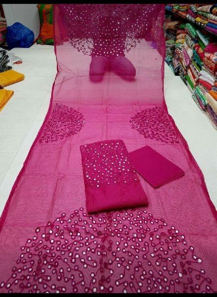 Cotton Chanderi fabric Hand Mirror Multi work Salwar Kameez Suit