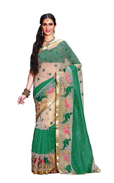 Green Super Net Embroidered Saree, Occasion : Traditional