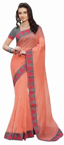 Peach Plain Supernet Saree, Occasion : Casual