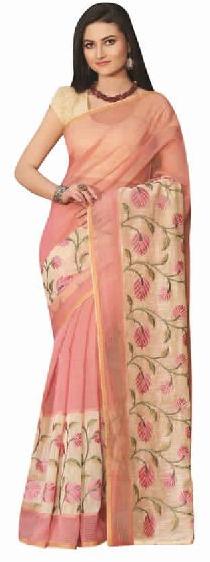 Pink Cream Supernet Checks Saree, Occasion : Casual