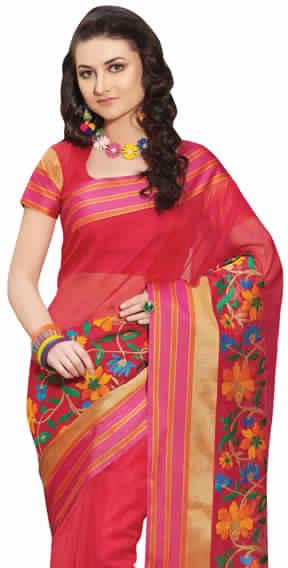 Resham embroidery Red Mercerised Embroidered Saree, Occasion : Festive