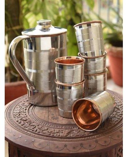 Polished Copper Jug With Six Glass Set