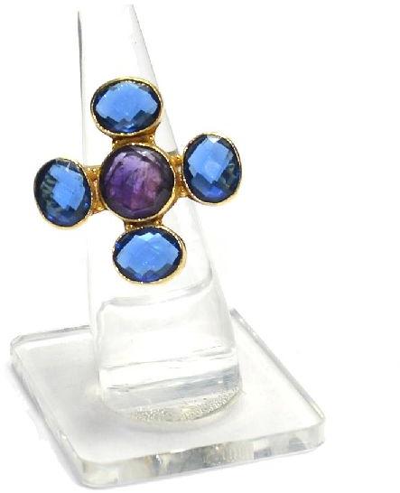 Amethyst With Blue Hydro Round and Oval Shape Gold Plated Bezel Gemstone Ring