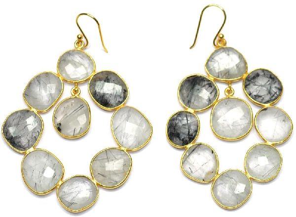 Black Rutile Fancy Shape Gold Plated over 925 Sterling Silver Bezel Dangle AND Drop Earring